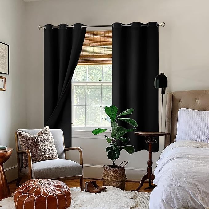BGment Thermal Insulated 100% Blackout Curtains for Bedroom with Black Liner, Double Layer Full Room Darkening Noise Reducing Grommet Curtain (38 x 63 Inch, Black, 2 Panels)