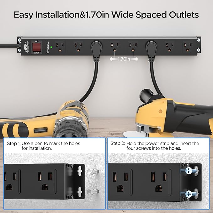 CRST 2 Pack 8 Outlet Metal Heavy Duty Power Strip with Switch, 2100J Surge Protector, Mountable Wide Spaced Power Strip, 6 FT 14AWG, 15A/1875W