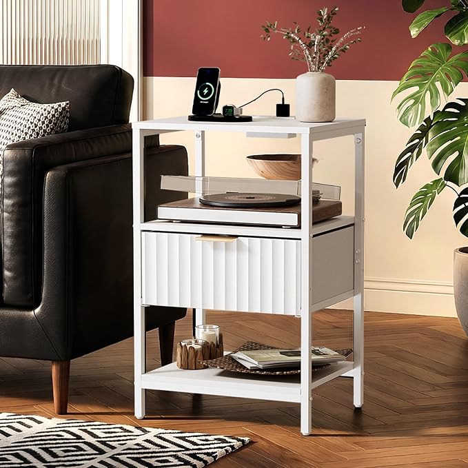 VINGLI White Nightstand with Charging Station and Fabric Drawer, Fluted Night - Image 7