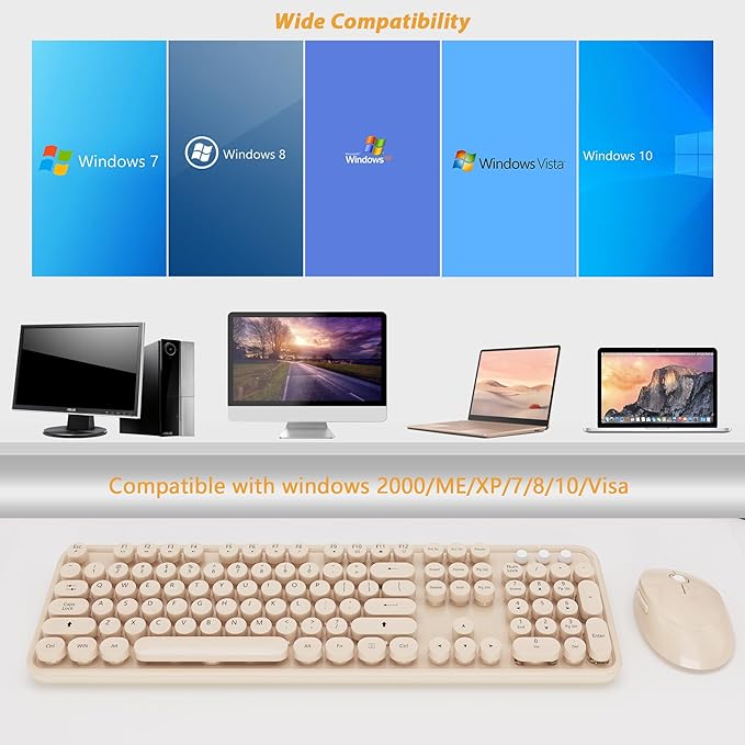 Wireless Keyboard,KOOTOP Cute Colorful 104 Keys Typewriter Retro Round Keycaps Keyboard for PC Laptop,Desktop,Windows, Home and Office Keyboards, s500 coffee