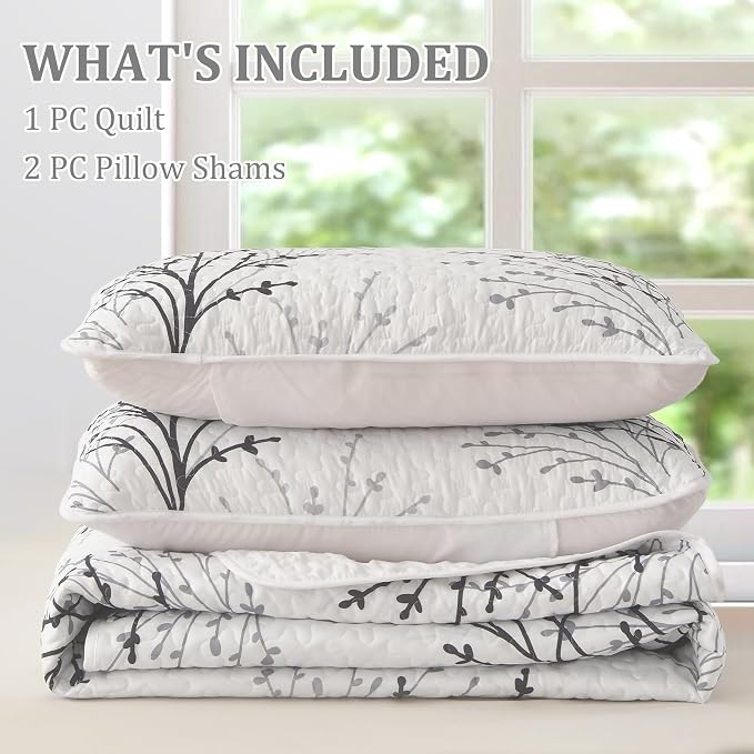 DJY White Quilt Set King Size Branch Botanical Bedspread Coverlet Set | 3 - Image 7
