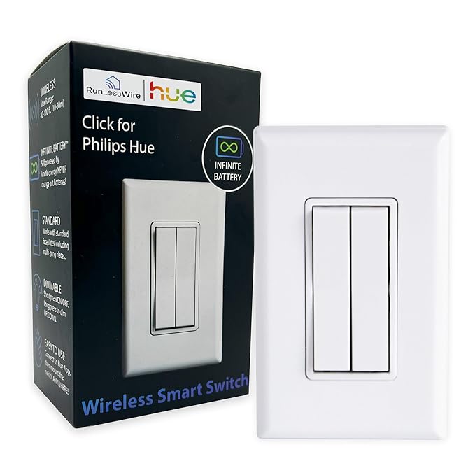 RunLessWire Click for Philips Hue – Battery-Free Wireless Smart Light Switch, 30ft Range – Works Natively with Philips Hue Bridge – Wall Mount Kinetic Switch - Decora Style, White