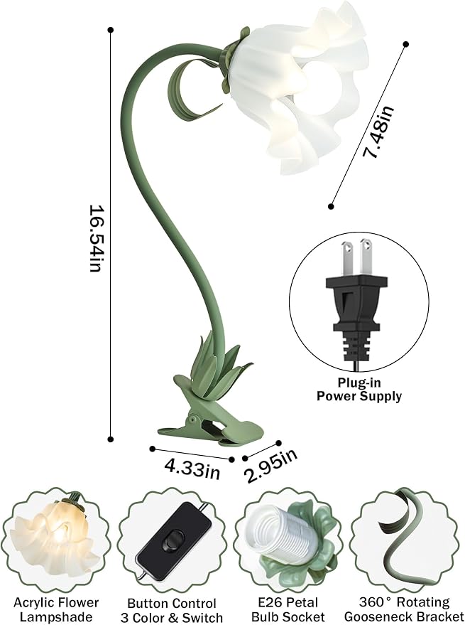 Clip on Light Flower Desk Lamp, LED Reading Light 3 Color Modes Eye-Caring Book - Image 6