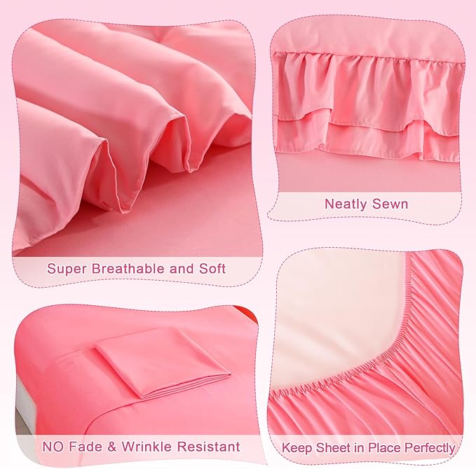 Wowelife Toddler Bedding Set for Girls 4 Piece Ruffle Boho Tufted Fringe Pink Toddler Bed Comforter Sets Jacquard Bed Set Bed in a Bag with Comforter, Flat Sheet, Fitted Sheet, Pillowcase