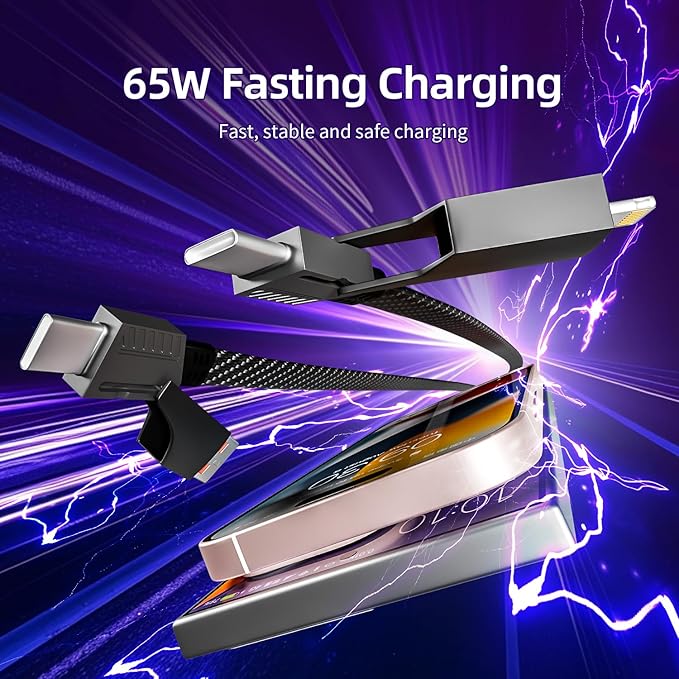 Firsting 4 in 1 Charging Cable 65W, USB C Cable Fast Charger Cord with E-Mark Chip, USB A/C to C/Lightning Cable, Multi iPhone Charger Cord for iPhone16/15/14/13 Series/Phones/Pads and Laptop