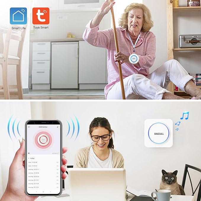 SINGCALL Tuya WiFi SOS Wireless Calling Caregiver Pager System Calling Alert System for Patients Seniors Elderly Disabled 1 Plugin Receiver 1 Smart Emergency Call Button (only Supports 2.4GHz Wi-Fi)