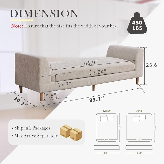 Aoiy & Wifon 83.1" W End of Bed Bench King Size, Oversized Window Bench Seat - Image 2