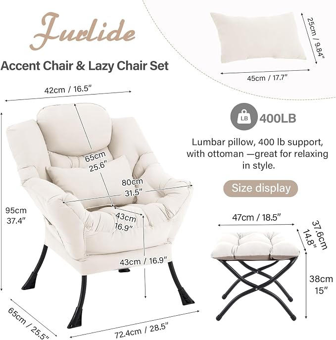 Furlide Lazy Chair with Ottoman, Comfy Fabric Accent Lounge Arm Chair with - Image 2