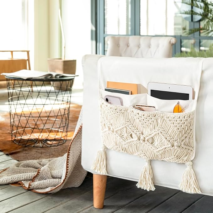 Mkono Macrame Armchair Caddy, Boho Couch Armrest Organizer, 4 Pockets Beige | - Image 2