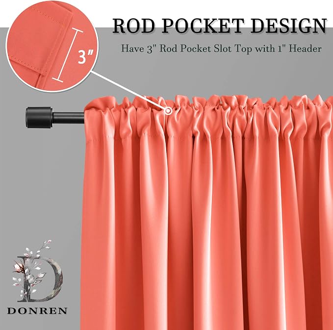 Coral Blackout Curtains Rod Pocket Curtain Panels -Thermal Insulated Curtains - Image 4