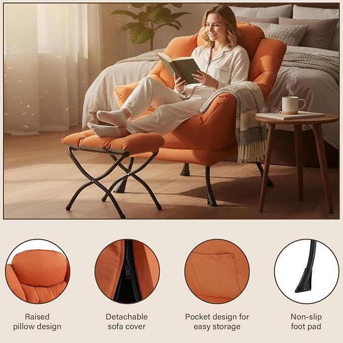 Welnow Lazy Chair with Ottoman, Reading Chair with Footrest，Orange | A Side - Image 4