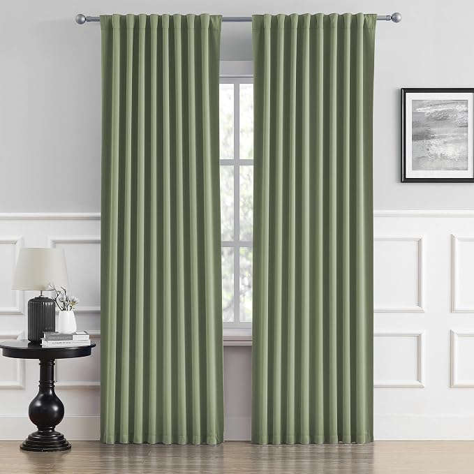 Light Sage Green Curtains 96 Inches Long Back Tab/Rod Pocket Room Darkening by DUALIFE