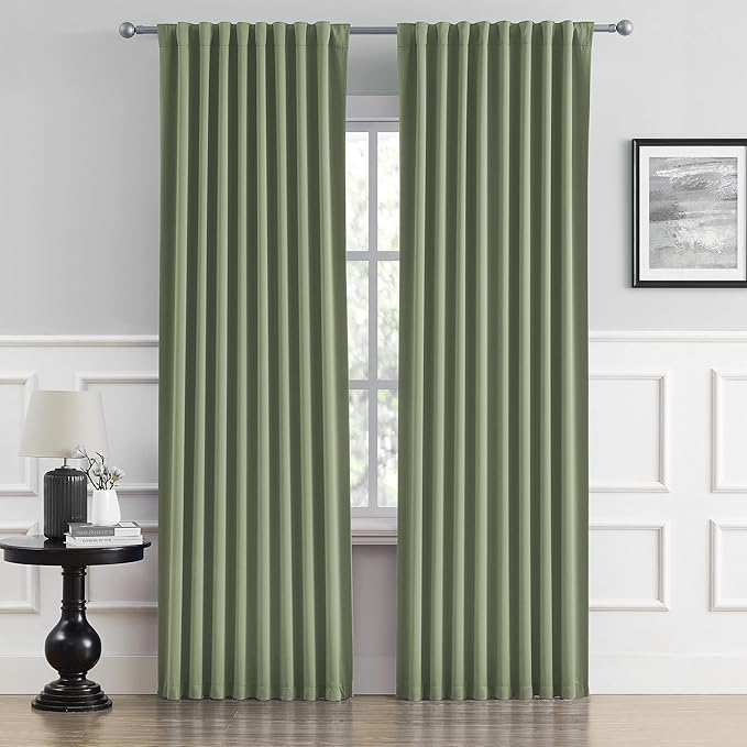 Light Sage Green Curtains 90 Inches Long Back Tab/Rod Pocket Room Darkening by DUALIFE