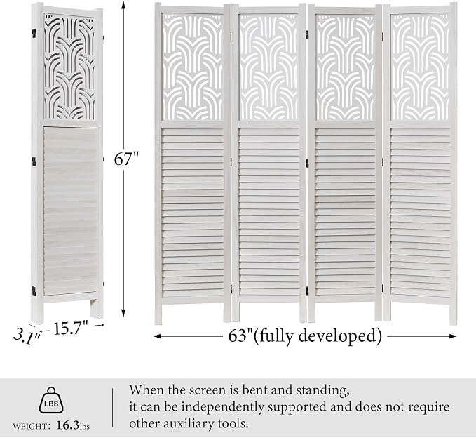 Svimi Folding Room Divider, 66.9 Inch 4 Panels Wood Carved Privacy Screens - Image 5
