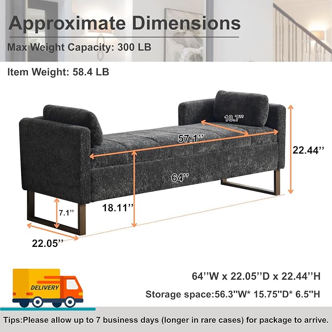 64" King Size End of Bed Storage Bench - Image 2