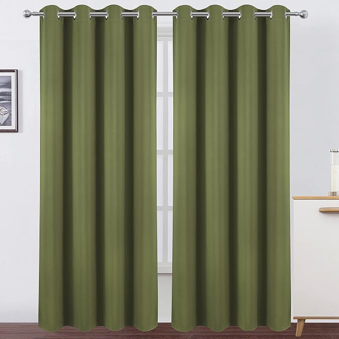 Olive Green Blackout Curtains/52 x 84 Inch Long/Set of 2 Curtain Panels/Thermal by Lemomo
