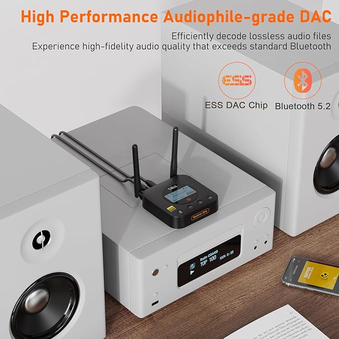 1Mii B06Pro+ Hi-Fi Bluetooth 5.2 Audio Receiver, LDAC Hi-Res Wireless Audio Adapter for Home Stereo w/aptX HD Low Latency, LCD Display, Long Range, Volume Control, 3.5mm AUX Optical Coaxial
