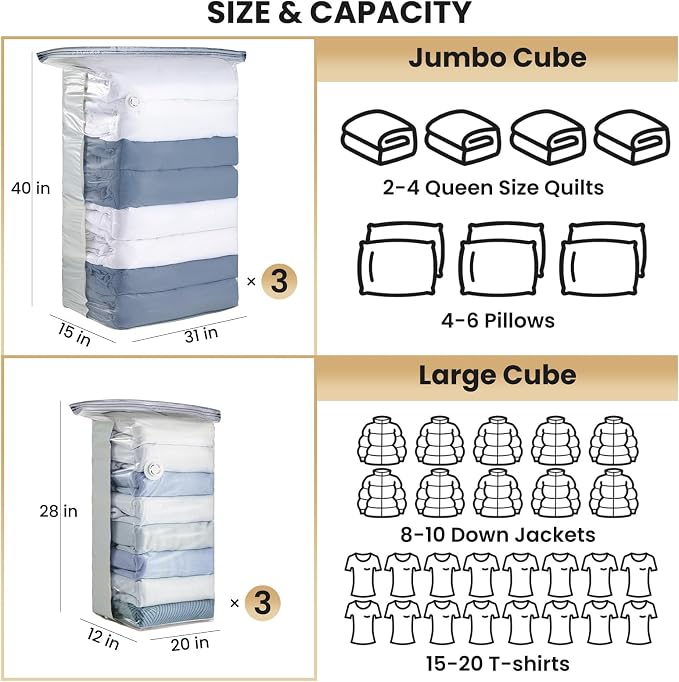 TAILI 6 Pack Vacuum Storage Bags, Cube Combo, Cream | Vacuum Seal Bags - Image 2