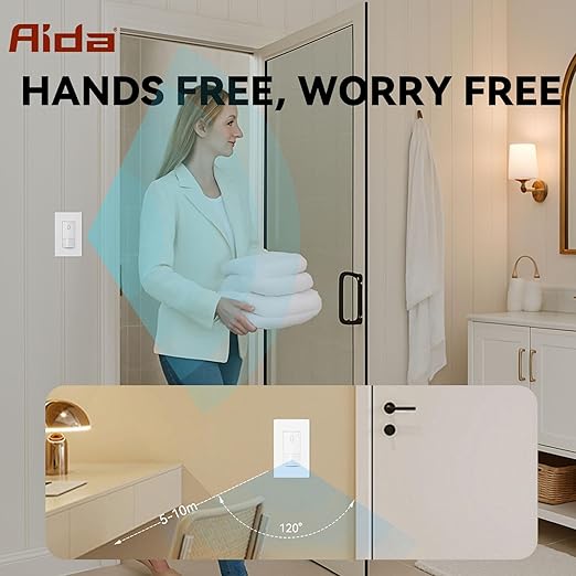 AIDA Single Pole Motion Sensor Light Switch w/Neutral Wire - 120° PIR Infrared Activation - CFL/LED/MLV/INC/HAL/Fan Compatible - UL Certified - 1 Pack,Matte White