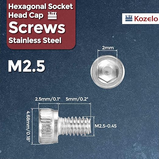 Kozelo 100pcs Socket Head Cap Screws - [M2.5-0.45 x 5mm] 304 Stainless Steel Allen Socket Drive for Electrical Motor 3D Printing Fan Engine Replacement Use, Silver
