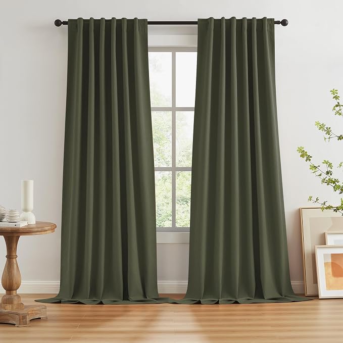 Dark Olive Green Blackout Curtains 102 Inches Long 2 Panels Set- Faux Linen by KEQIAOSUOCAI