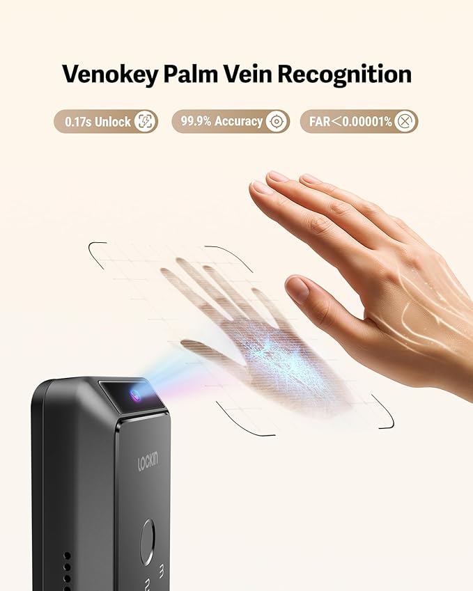 Lockin Veno Smart Deadbolt Lock with Dual Swappable Batteries for 14-Month Extended Power, Palm Vein & Fingerprint Keyless Entry, Built-in Wi-Fi, Doorbell, App Remote Control, IP65 Waterproof