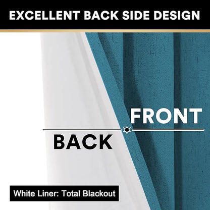 PrinceDeco Blackout Curtains 63 Inch Length Linen Textured 100% Thermal Insulated Curtains with White Liner for Bedroom Sun Blocking Linen Curtains for Living Room, W52 x L63, Set of 2, Blue Sapphire