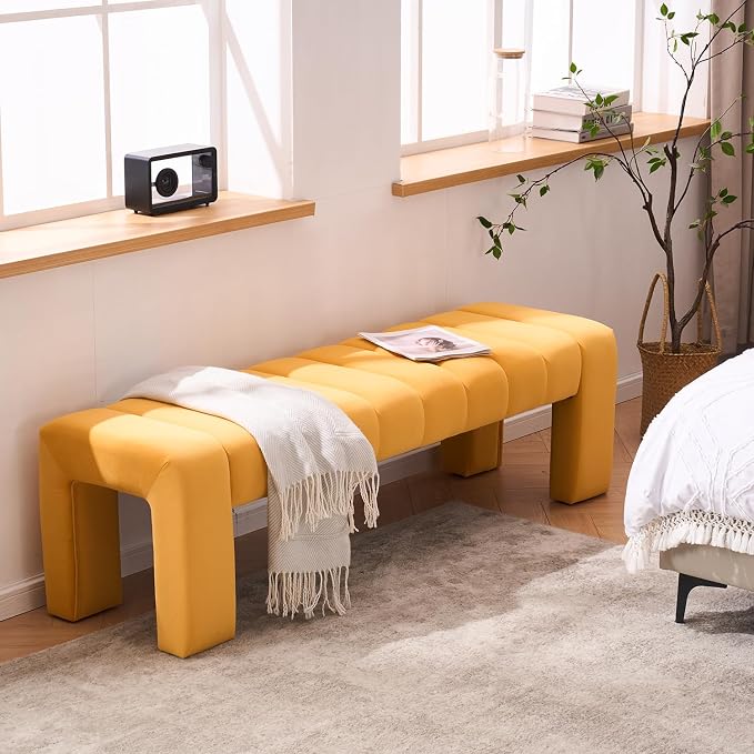 59" Velvet Bench for Bedroom King Size Bed Window End of Bed, Mustard Yellow | - Image 4