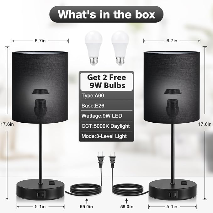 17.6" Black Touch Lamps for Bedroom Set of 2 - Image 4
