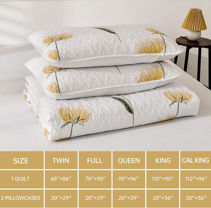 Dinjoy Floral Quilt Set California King, 3 Pieces Yellow Flower Bedspread | - Image 5