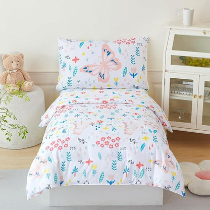 PERFEMET Girls Toddler Bedding Colorful Flower Blossom Comforter Set Butterfly Print Toddler Bedding Sets Ultra Soft Lightweight Bed-in-A-Bag for Toddlers(4 Pieces, White)