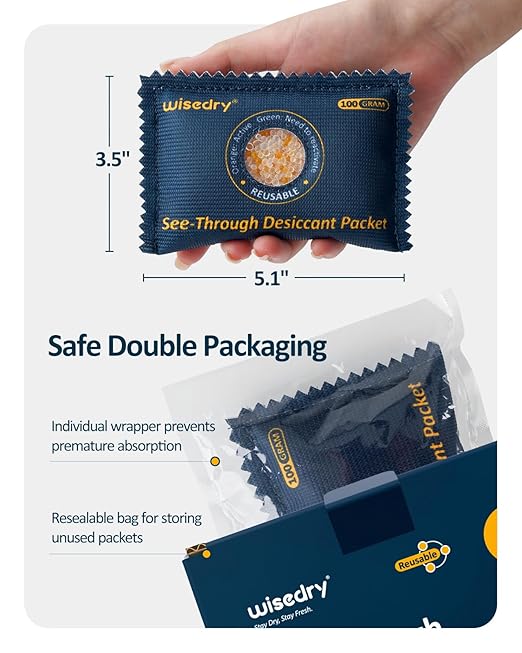 wisedry 100g [5 Packs] See-Through Desiccant Packs for Storage, Reusable Color Indicating Silica Gel Desiccant Packets, Moisture Absorbers for Gun Safe, 3D Filaments, Toolboxes, Safe, Electronics