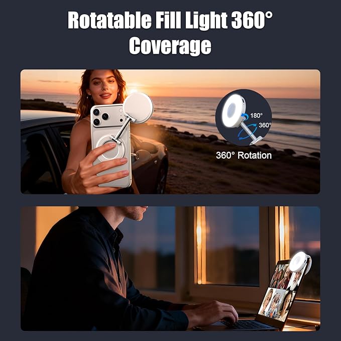 Magnetic Selfie Light, Phone Light Compatible with iPhone Magsafe, CRI97 360° LED Selfie Ring Fill Folding Light with Mirror for Selfies/Photography/TikTok/Zoom Calls/Video Conference