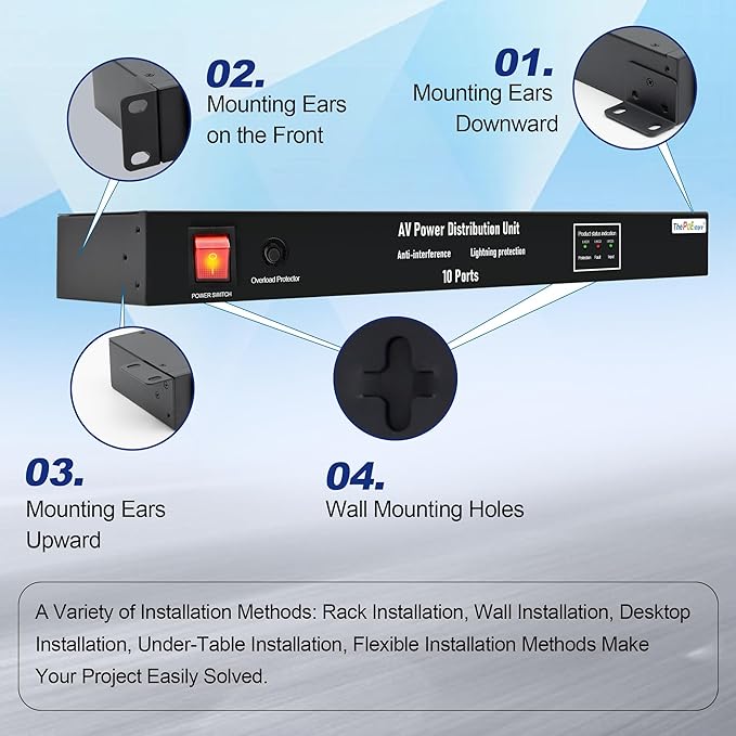 ThePoEstore 10 NEMA 5-15R Outlet Surge Protector PDU, 120V 15A 3600J 10KA, 1U Rack Mount Power Strip for Network Server Racks, AV Equipment, & More - 14AWG 6ft Cord