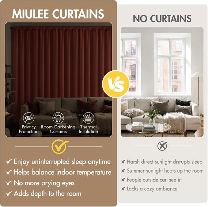 MIULEE 84 Inch Length Burnt Orange Blackout Bedroom Curtains Set of 4 | Thermal - Image 8