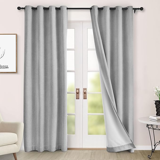 Macochico 52" Wx108 L 100% Blackout Curtains Extra Long Thermal Insulated Chenille Curtains for Living Room Bedroom Auditorium Home Theater Apricot Grey Grommet Curtains with Tieback Classic 1 Panel