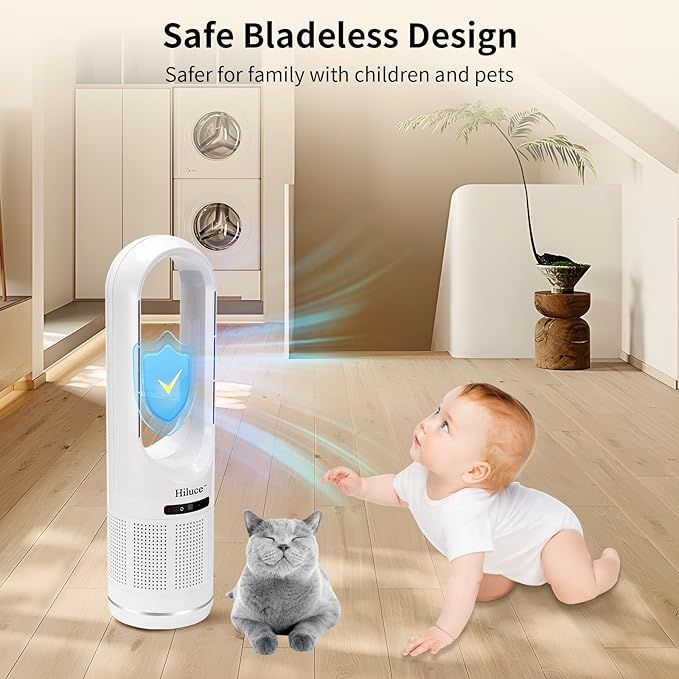 Hiluce Tower Fan,Bladeless Fan for Bedroom,2-in-1 Oscillating Fan 20dB Quiet Cooling Standing Fan with Remote,Touch, LED Display 8 Speeds 9H Timer 32 inch White