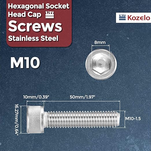 Kozelo 8pcs Socket Head Cap Screws - [M10-1.5 x 50mm] 304 Stainless Steel Allen Socket Drive for Electrical Motor 3D Printing Fan Engine Replacement Use, Silver