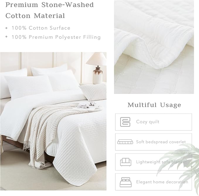 CozyTide Oversized King Bedspread 128"x120", Stone-Washed Cotton White - Image 4