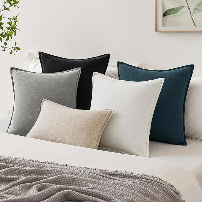 EMEMA Decorative Linen Throw Pillow Covers 24x24 Inch Cream Boho Farmhouse Neutral Couch Throw Pillows for Bed Pack of 2 Accent Pillowcase Modern Sofa Cushion Livingroom Home