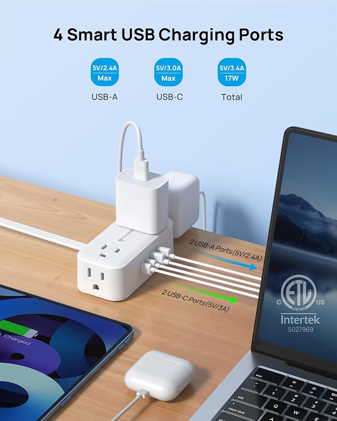 TROND 360° Rotating Flat Plug Power Strip 10ft, 4 Widely AC Outlets, Wall Mount - Image 4