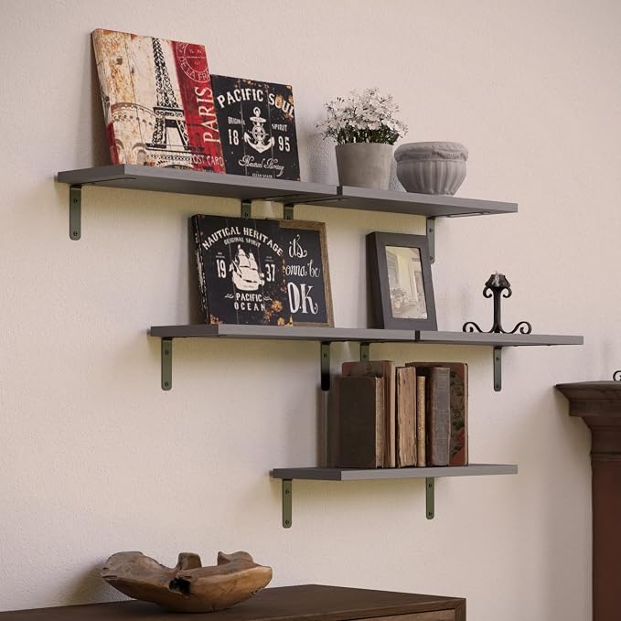 RICHER HOUSE Rustic Wood Floating Shelves Set of 5, Wall Mounted Shelf 16in | - Image 5