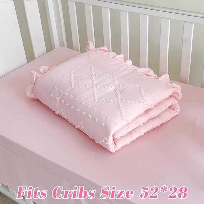Wowelife Baby Girl Crib Bedding Set, Boho 3-Piece Crib Comforter Set for Girls, Ruffle Baby Nursery Bedding Set Include Quilted Comforter, Crib Skirt and Sheet, Pink