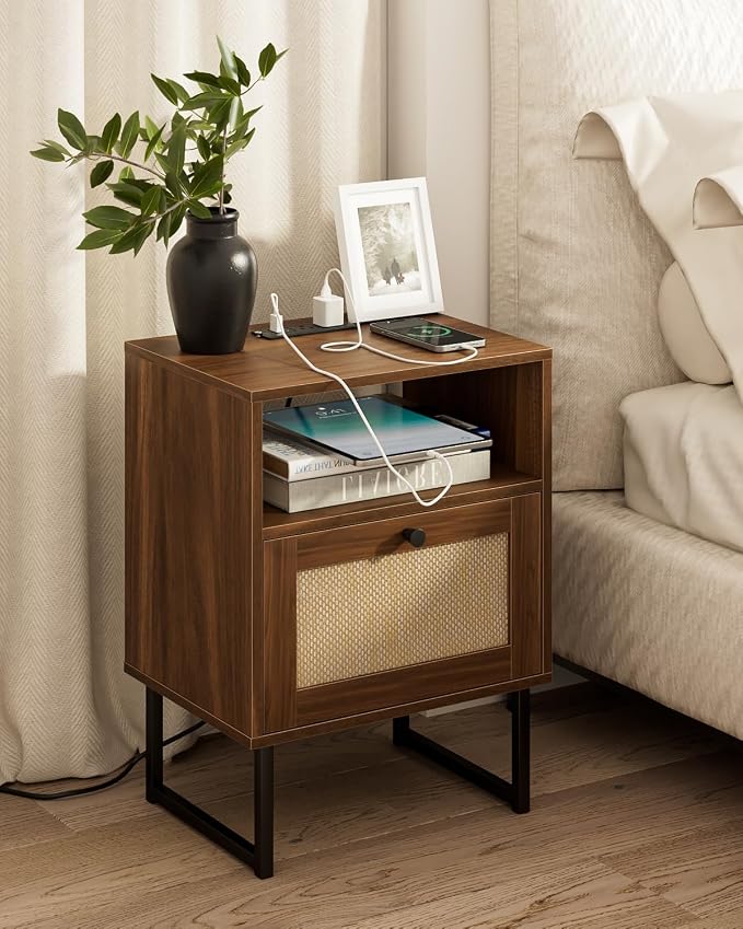 Masupu Rattan Nightstand with Charging Station, Modern Boho Farmhouse Wood by Masupu