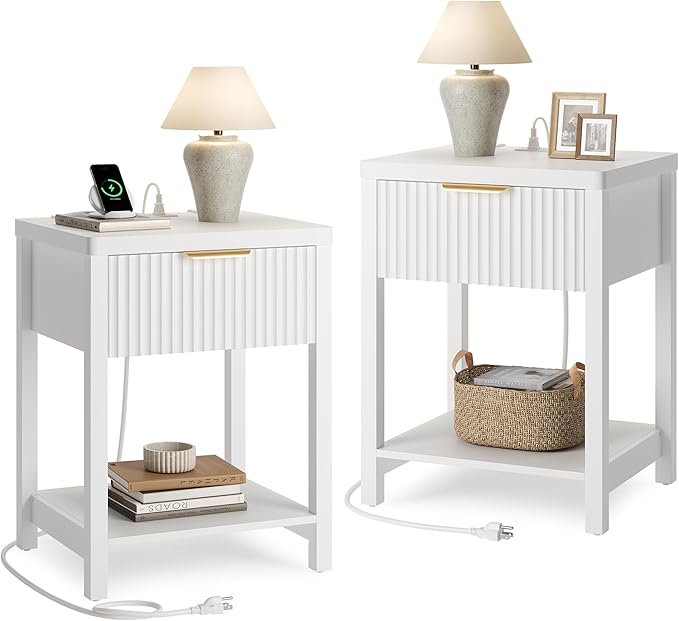 Night Stand Set 2, Fluted Wood Nightstands w/Charging Station by Lulive
