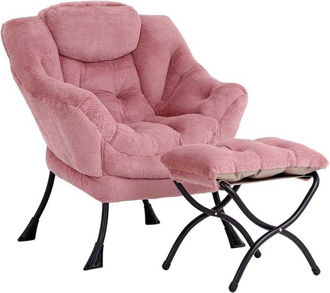 Lazy Chair with Ottoman, Comfy Accent Reading Chair, Plush Dark Pink | Foldable by LITA