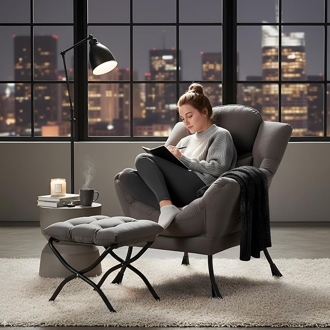 Furlide Lazy Chair with Ottoman, Comfy Fabric Accent Lounge Arm Chair with - Image 4