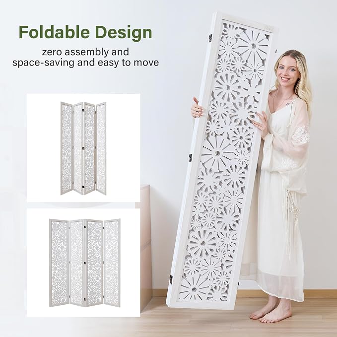 Folding Wood Room Divider Panel, 67 Inch Tall Daisy-Carved Privacy Screen - Image 3