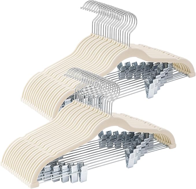 36-Pack Beige Velvet Hangers with Clips Adjustable,Adult Hangers,Heavy-Duty,Felt,Non-Slip,Space Saving,Slim Outfit Hanger for Pants, Skirts, Suits,Coats, Dresses ect.