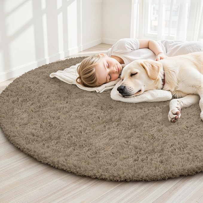 Grey Camel Round Fluffy Rug 6ft Plush Fuzzy Shaggy Carpet | Soft Rugs - Image 3